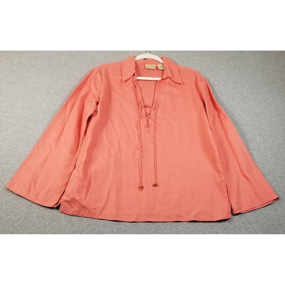St Johns Bay Tunic Top Women Medium M Coral Pink Linen Lace Up Long Sleeve Beach